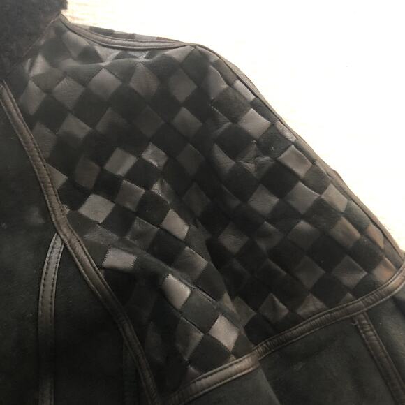Toppolino Black Coat Fine Leatherwear Shearling Lined XS Checkered Vintage - Picture 10 of 12